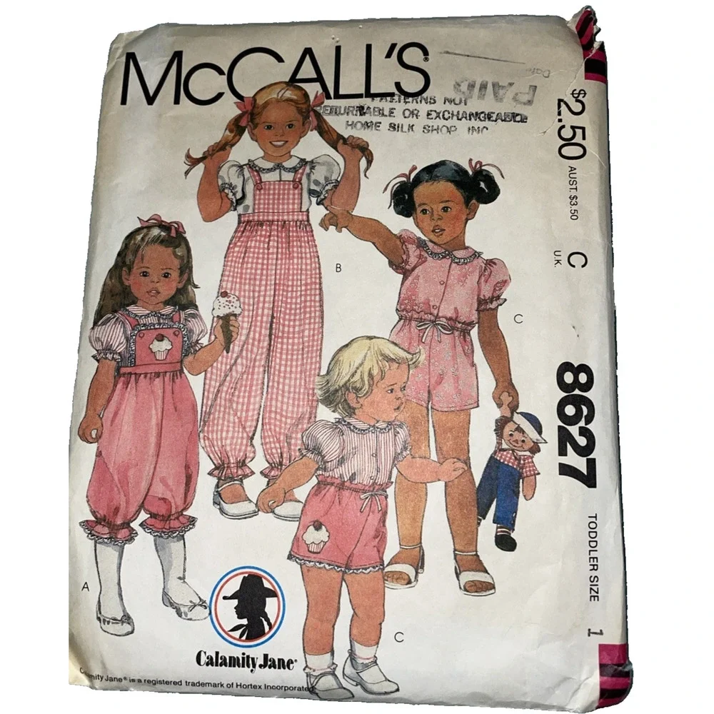 8627 McCalls SEWING Pattern Girls 80s Overalls Romper Overalls Shorts Toddler 1T
